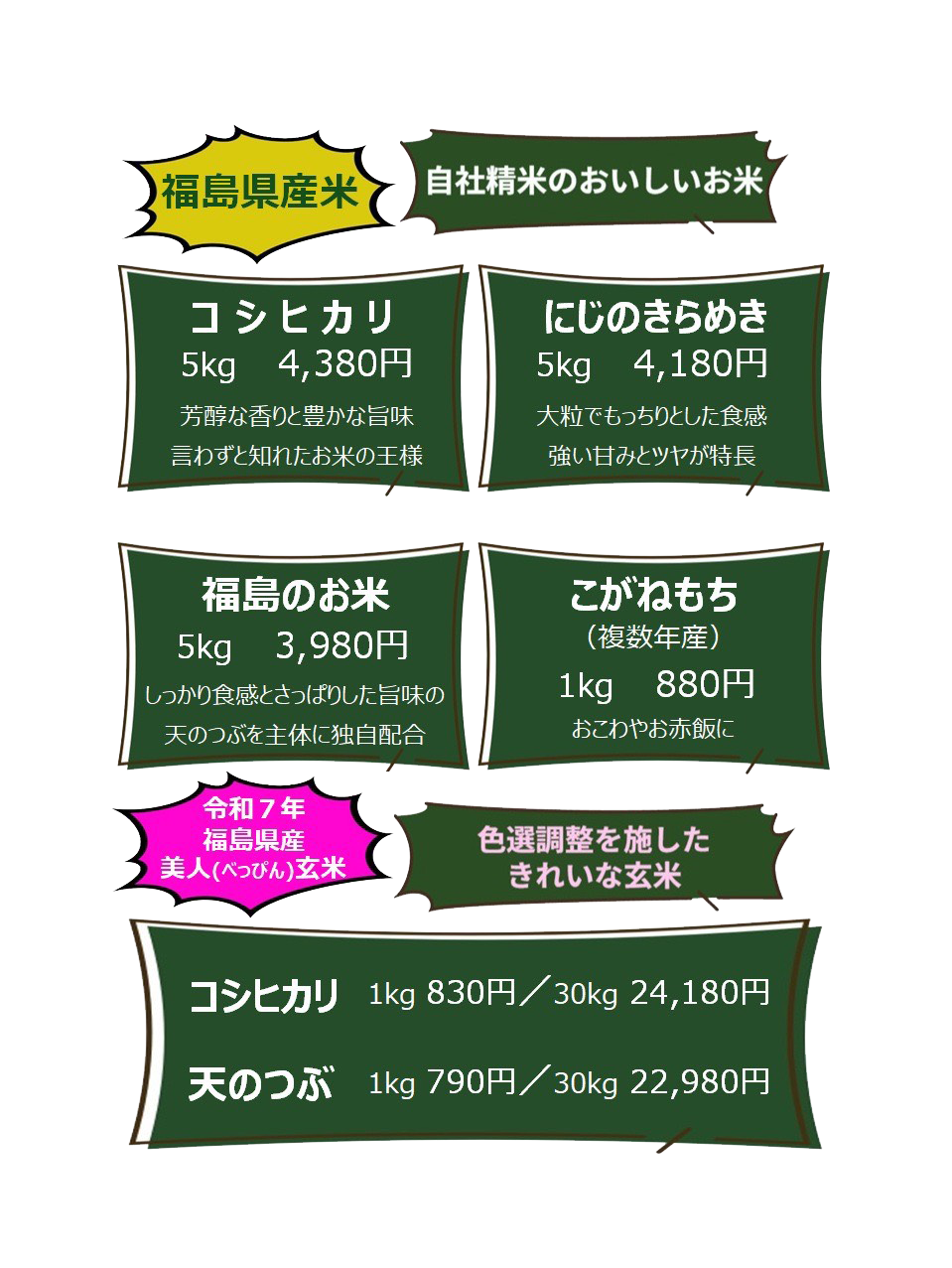 福島県産のお米の価格表。精米：コシヒカリ 5kg 4,380円（芳醇な香りと豊かな旨味）、にじのきらめき 5kg 4,180円（大粒でもっちりとした食感、強い甘みとツヤ）、福島のお米 5kg 3,980円（天のつぶを主体に独自配合）、こがねもち（複数年産） 1kg 880円（おこわや赤飯に）。令和7年福島県産 美人（べっぴん）玄米（色選調整済み）：コシヒカリ 1kg 830円 / 30kg 24,180円、天のつぶ 1kg 790円 / 30kg 22,980円。